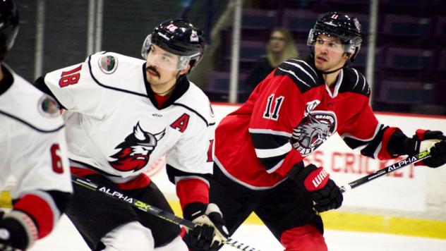 Adirondack Thunder center Casey Pierro-Zabotel (left) vs. the Brampton Beast