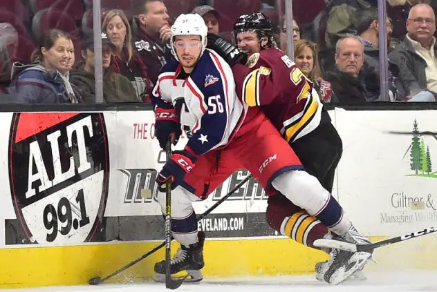 Cleveland Monsters left wings Marko Dano vs. the Chicago Wolves