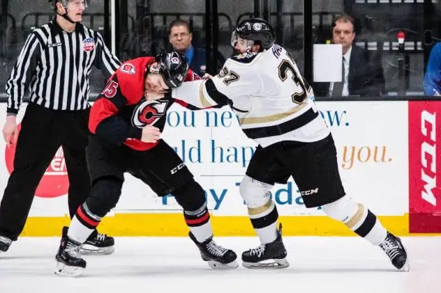 Defenseman Robbie Hall (right) with the Wheeling Nailers punches a member of the Cincinnati Cyclones