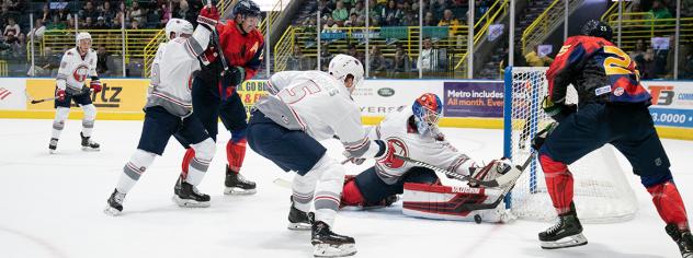 South Carolina Stingrays goaltender Parker Milner stops the Florida Everblades