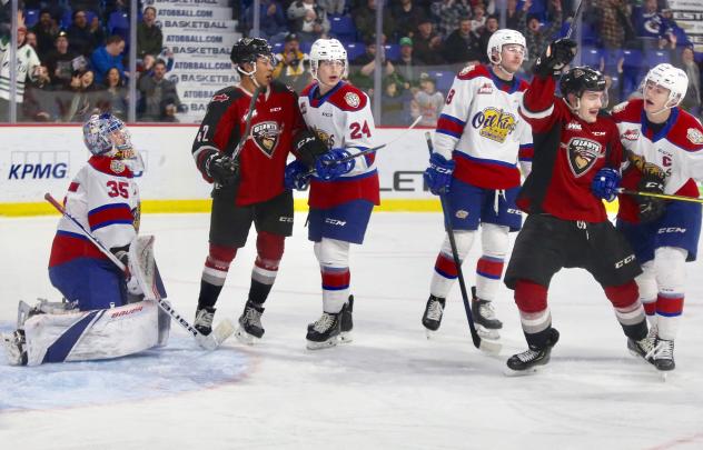 Vancouver Giants centre Tristen Nielsen celebrates a score against the Edmonton Oil Kings