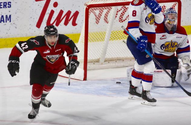 Vancouver Giants centre Justin Sourdif (left) after scoring against the Edmonton Oil Kings