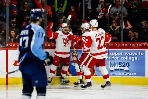 Grand Rapids Griffins celebrate a goal against the Milwaukee Admirals