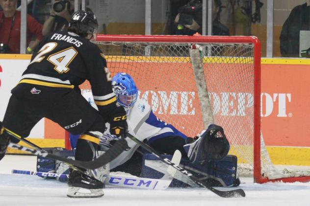 Saint John Sea Dogs goaltender Zachary Bouthillier stops the Cape Breton Eagles