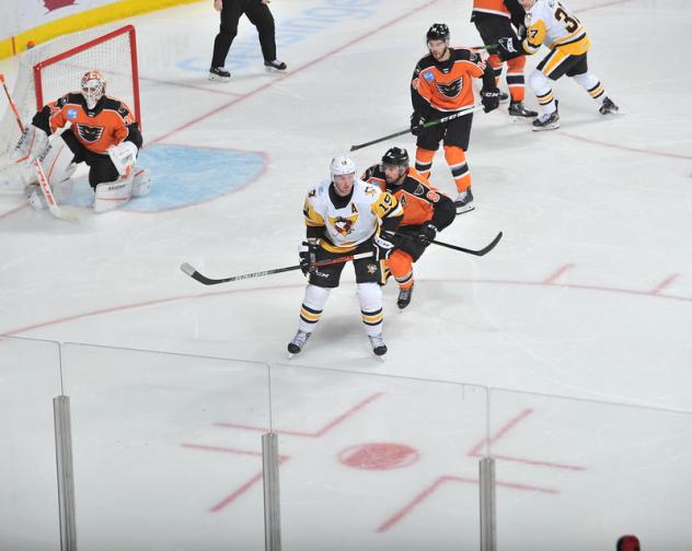 Lehigh Valley Phantoms goaltender Alex Lyon and his defense vs. the Wilkes-Barre/Scranton Penguins