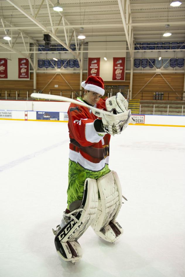 Vancouver Giants goaltender David Tendeck in Teddy Bear Toss jersey