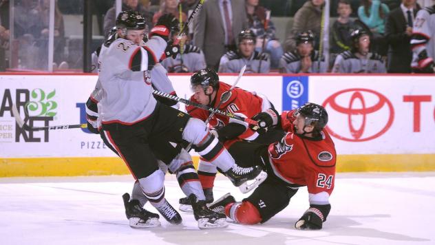 Adirondack Thunder forward James Phelan (24, right) in a pileup against the Brampton Beast