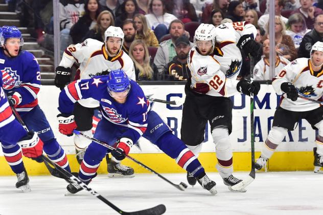 Cleveland Monsters center Kevin Stenlund (82) vs. the Rochester Americans