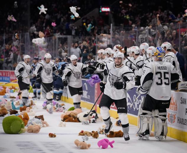 Jake Walman of the San Antonio Rampage after his Teddy Bear Toss Goal