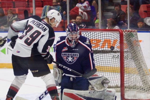 Vancouver Giants centre Evan Patrician takes a shot against the Tri-City Americans