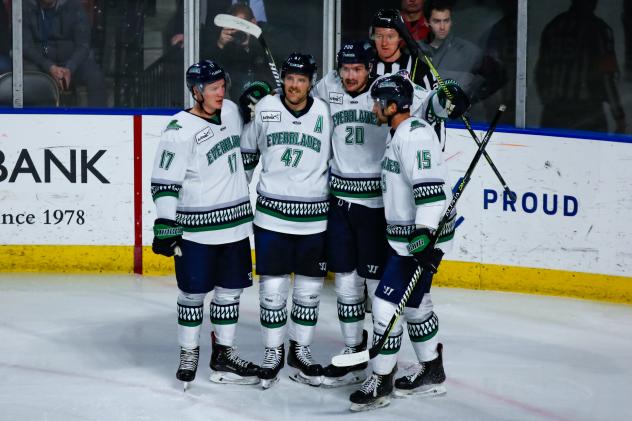 Florida Everblades huddle up after a goal