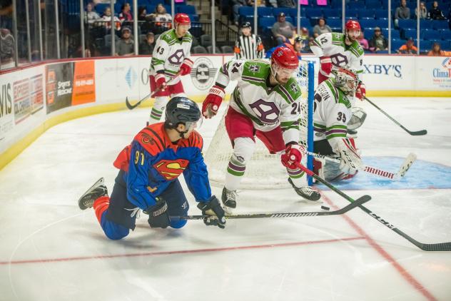 Tulsa Oilers forward Robbie Jackson, in Superman uniform, vs. the Allen Americans