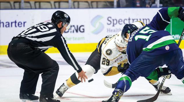 Linesman Nathan Frechette during a faceoff