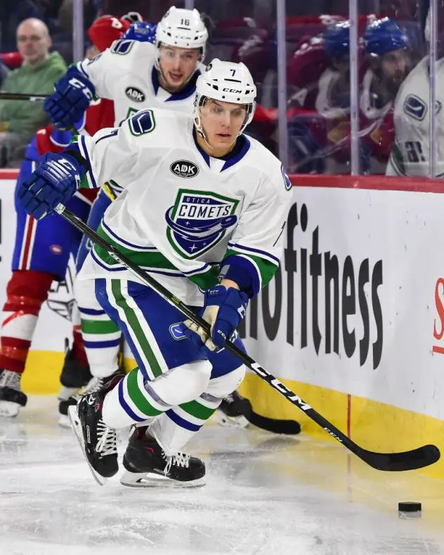 Defenseman Brandon Anselmini with the Utica Comets