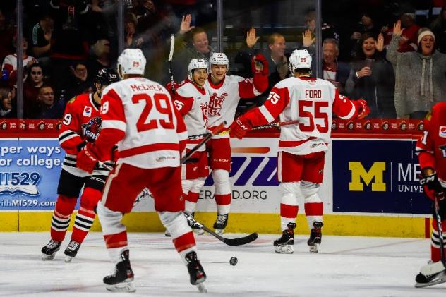 Grand Rapids Griffins react after a goal against the Rockford IceHogs