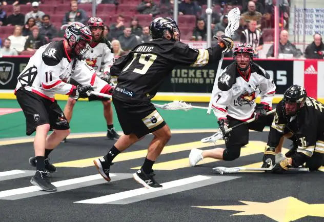 Vancouver Warriors defender Nik Bilic vs. the Calgary Roughnecks