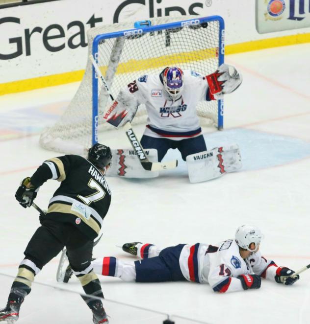 Brandon Hawkins of the Wheeling Nailers scores against the Kalamazoo Wings