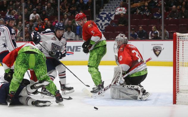 Vancouver Giants goaltender David Tendeck in Teddy Bear Toss jersey vs. the Tri-City Americans
