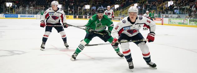 South Carolina Stingrays defenseman Tommy Hughes (right) vs. the Florida Everblades