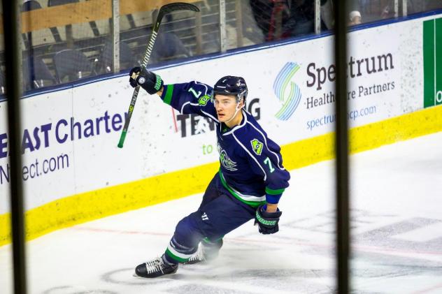Jake Elmer of the Maine Mariners after a goal