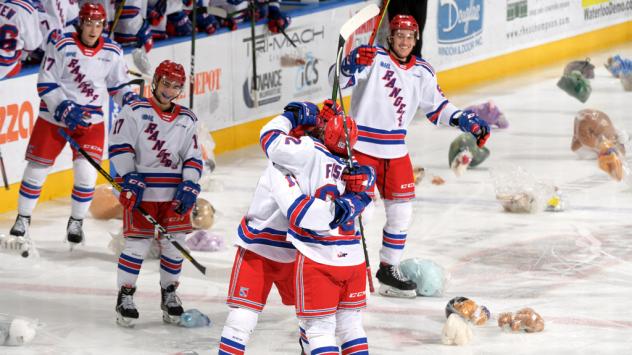 Kitchener Rangers celebrate Jesse Fishman's teddy bear goal