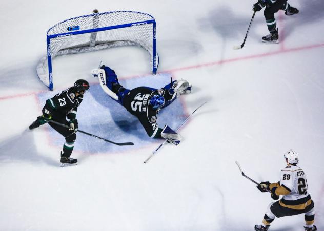 Utah Grizzlies goaltender Martin Ouellette makes a sprawling save against the Newfoundland Growlers