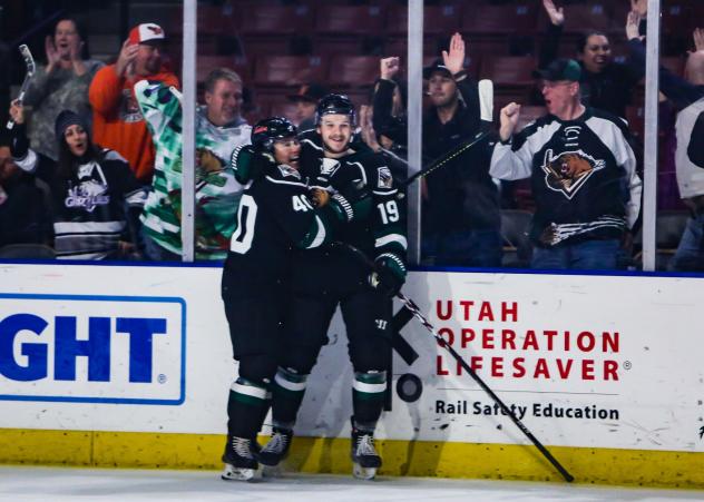 Yuri Terao and Travis Barron of the Utah Grizzlies after Barron's goal