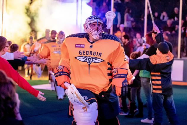 Georgia Swarm goaltender Mike Poulin enters the field