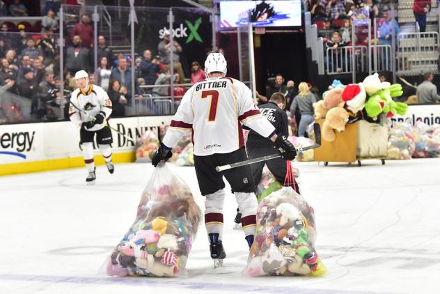 Paul Bittner of the Cleveland Monsters collects teddy bears