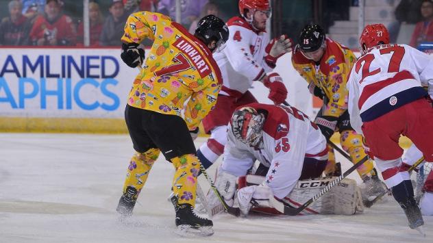 Allen Americans goaltender Jake Paterson hops on a puck vs. the Adirondack Thunder