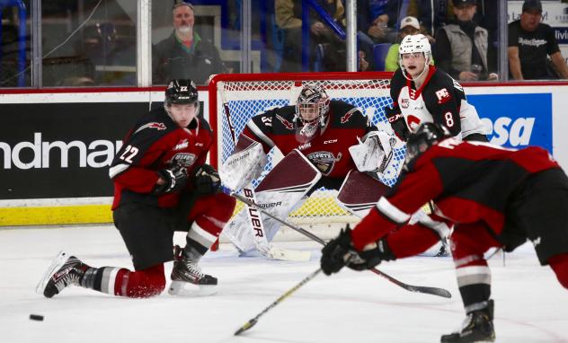 Vancouver Giants defenceman Connor Horning (left) vs. the Prince George Cougars