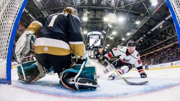 Adirondack Thunder forward Mike Szmatula (right) skates in toward the Newfoundland Growlers goal
