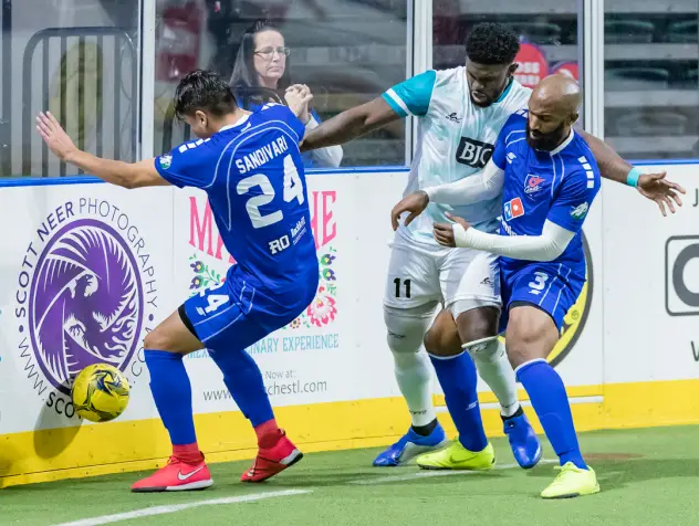 Kansas City Comets defenders Mirko Sandivari (left) and Ray Lee vs. the St. Louis Ambush