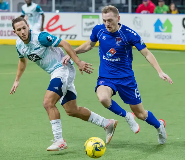 Kansas City Comets defender Matt Lewis (right) vs. the St. Louis Ambush