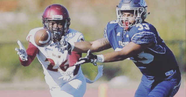 Defensive back Quron Hall with Shaw University (left)