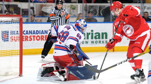Kitchener Rangers goaltender Jacob Ingham vs. the Soo Greyhounds