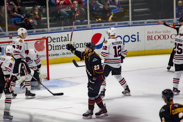 Stefan Matteau of the Cleveland Monsters celebrates his goal on Saturday night