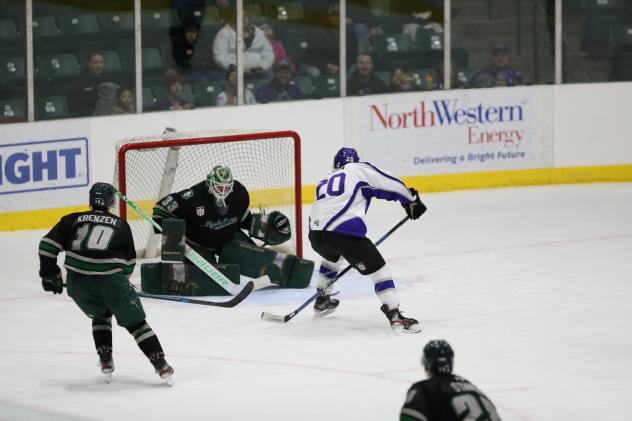 Mark Estapa of the Tri-City Storm shoots against the Sioux Falls Stampede