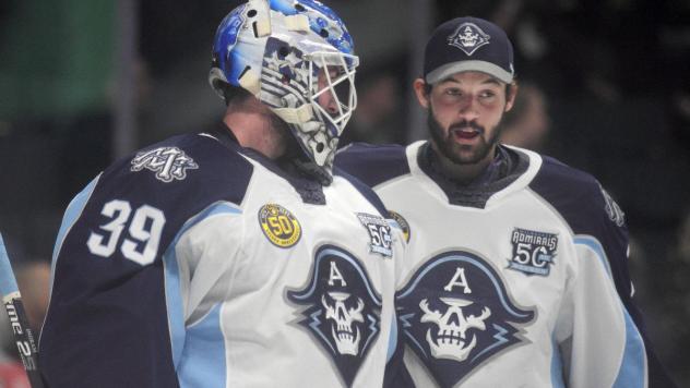 Milwaukee Admirals goaltenders Connor Ingram (left) and Troy Grosenick