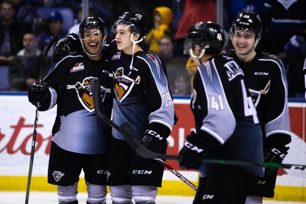 Centre Justin Sourdif (left) and the Vancouver Giants celebrate a goal