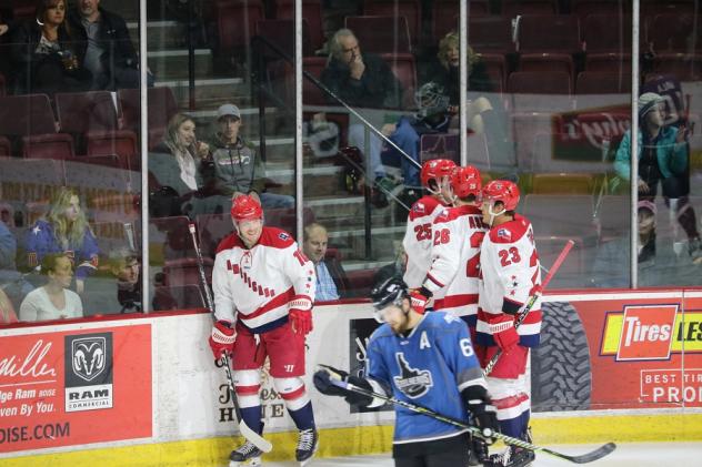 Allen Americans huddle up after a goal against the Idaho Steelheads