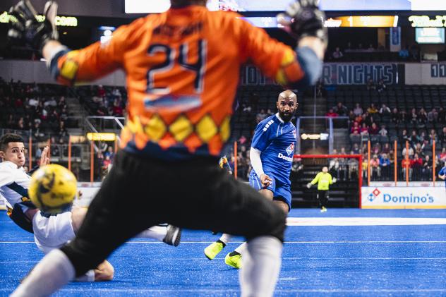Kansas City Comets send a shot on goal against the Tacoma Stars