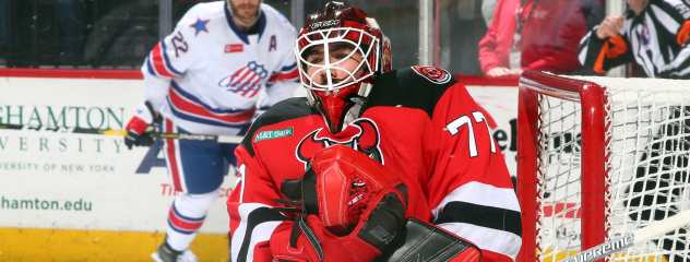 Binghamton Devils goaltender Louis Domingue vs. the Rochester Americans