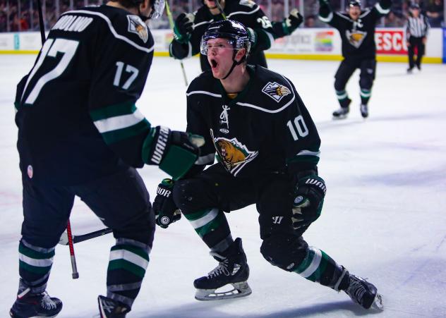 Utah Grizzlies forwards Griffen Molino and Ty Lewis celebrate