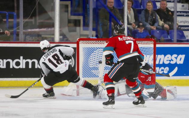 Vancouver Giants centre Cole Shepard scores against the Kelowna Rockets
