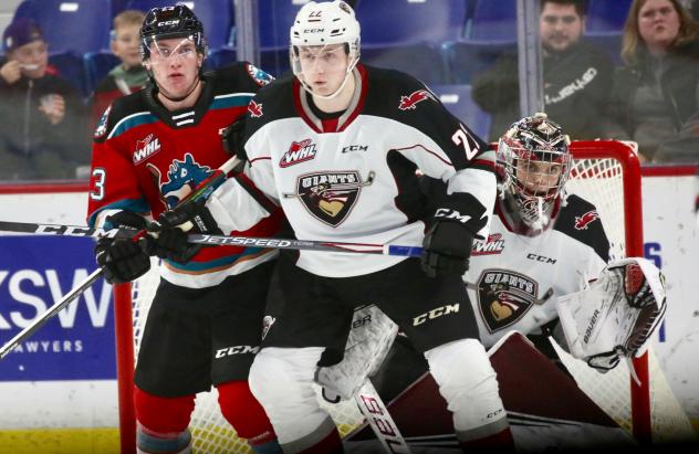 Vancouver Giants defenceman Connor Horning and goaltender Trent Miner vs. the Kelowna Rockets