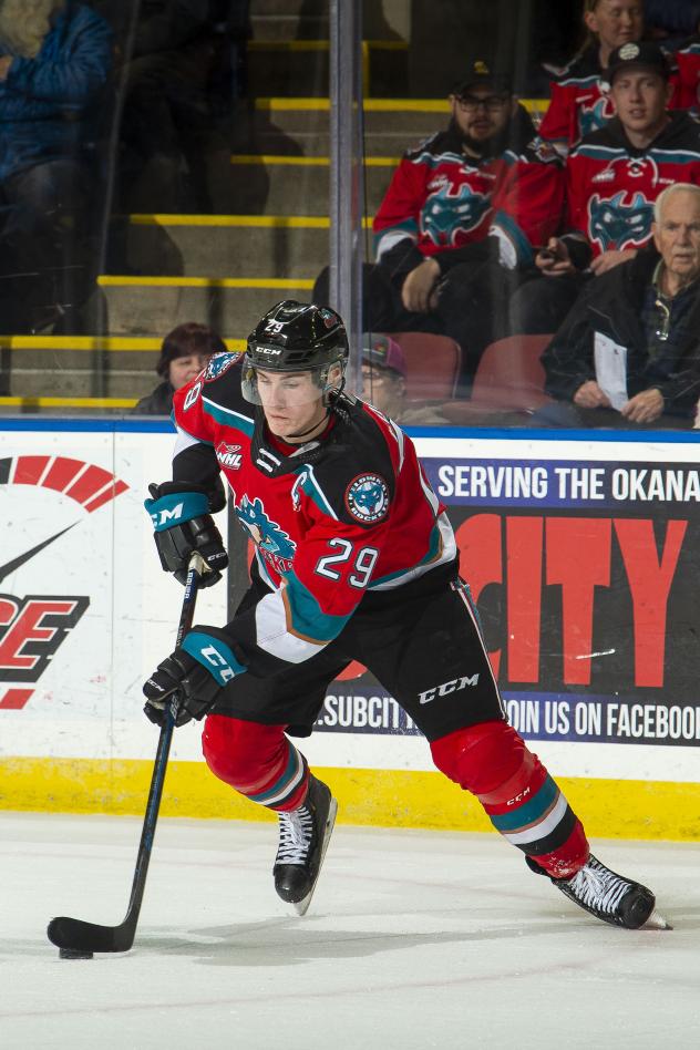 Kelowna Rockets captain Nolan Foote with the puck