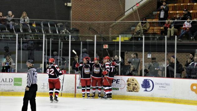 Port Huron Prowlers huddle up after a goal