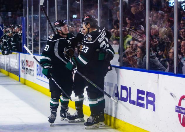 Utah Grizzlies forwards Ty Lewis (left) Griffen Molino (center) and Tim McGauley (right)
