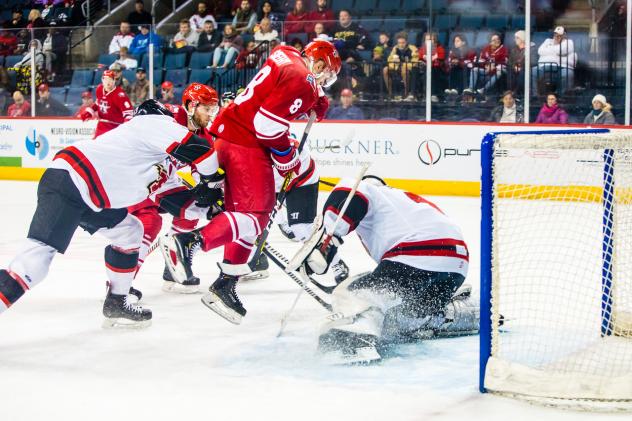 Allen Americans forward Tyler Sheehy scores against the Rapid City Rush